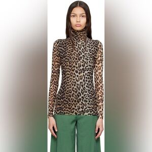 GANNI Leopard Print Mesh Turtleneck, XS